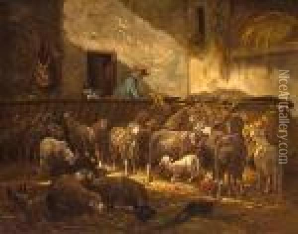 Un Troupeau De Moutons Dans Un Grange Oil Painting - Charles Emile Jacque