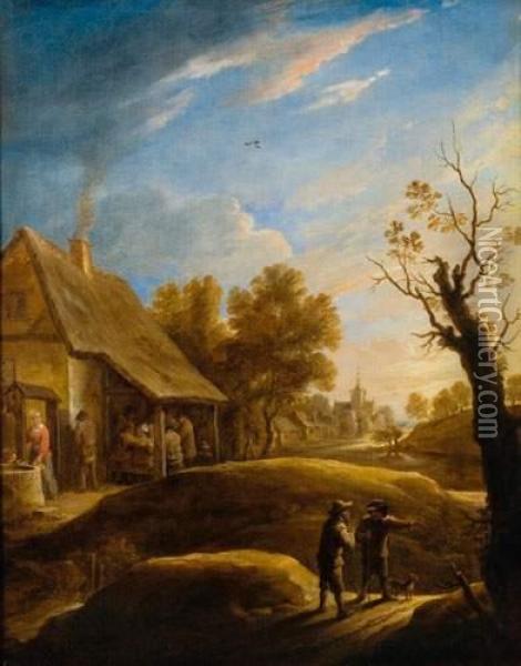 Paysans Dans Un Paysage Au Coucher Du Soleil Oil Painting - David The Younger Teniers
