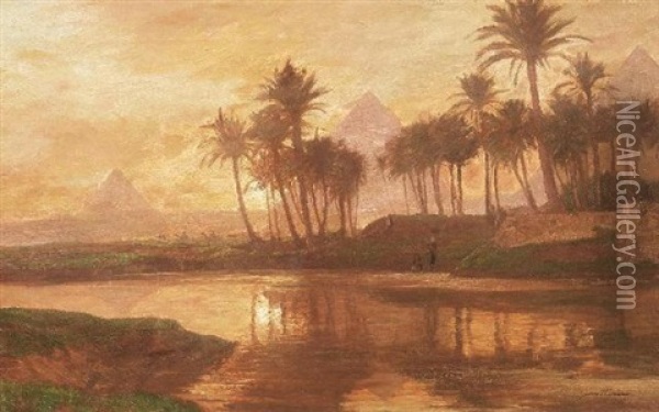 Blick Uber Den Nil Auf Die Pyramiden Von Gizeh Bei Sonnenuntergang Oil Painting - Georg Macco