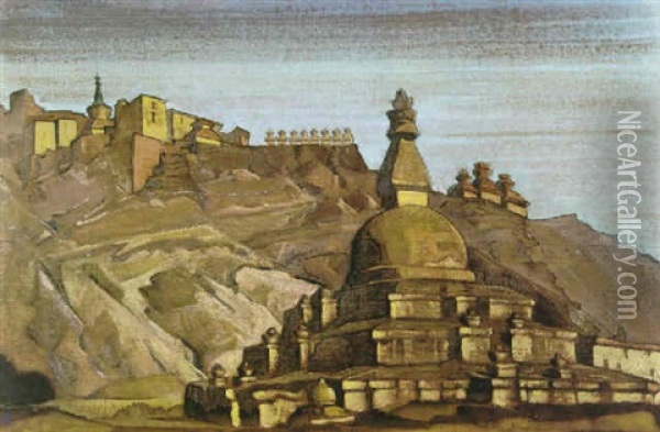 Temple And Hillside Fort, Tibet Oil Painting - Nikolai Konstantinovich Roerich