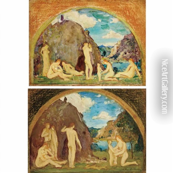 Mural Studies Of Nudes In A Vast Landscape : A Pair Oil Painting - Arthur B. Davies