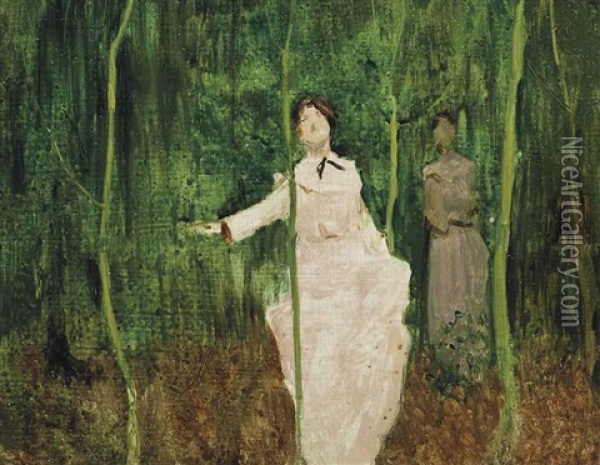 Ladies In A Wood Oil Painting - Arthur Hacker