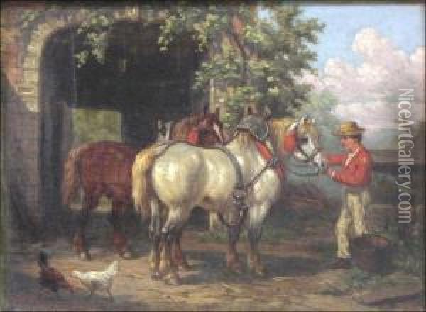 Farm Yard With Horses Oil Painting - Willem Jacobus Boogaard