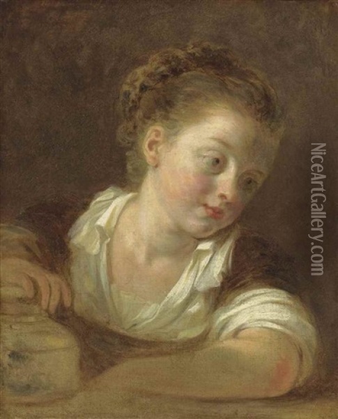 A Girl In A White Blouse And Brown Dress, Leaning On A Ledge, Her Right Hand Resting On A Jar Oil Painting - Jean-Honore Fragonard