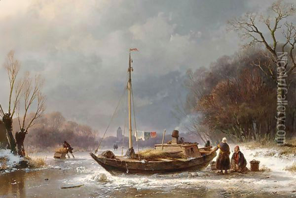 A Wintry Scene With Figures Near A Boat On The Ice Oil Painting - Andreas Schelfhout