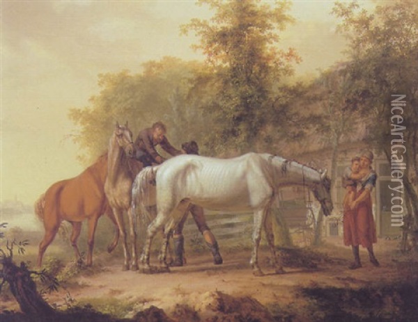 Horses In Front Of A Farm Oil Painting - Gerrit Malleyn