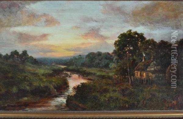 A Farm By A River At Sunset Oil Painting - John Falconar Slater