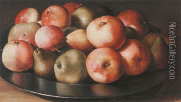 A Still Life Of Apples And Pears On A Silver Dish Oil Painting - Louise Moillon