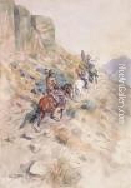 Indians On A Mountain Path Oil Painting - Charles Marion Russell