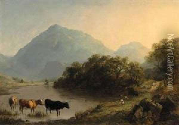 View Near Beddgelert, North Wales, With Cattle Watering In Theforeground Oil Painting - John Dearman Birchall