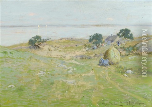 Coastal Farmstead With A Figure Feeding Chickens Oil Painting - Stephen Parrish