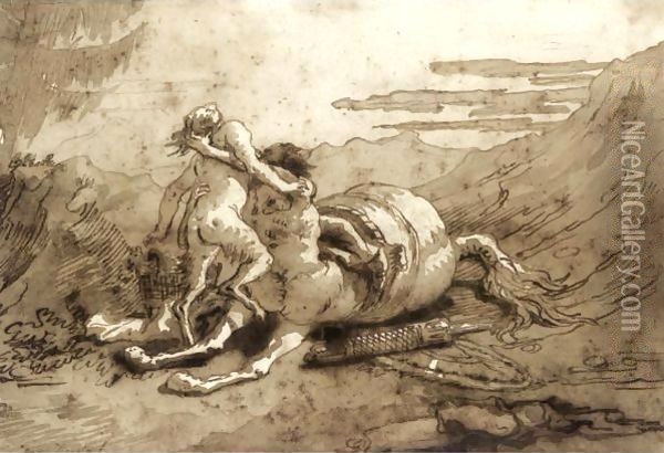 A Centaur And A Satyr In A Landscape Oil Painting - Giovanni Domenico Tiepolo