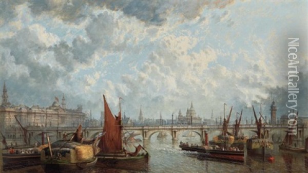 A London Panorama, With A View Of Somerset House, St. Paul's And The Waterloo Bridge Oil Painting - John Macvicar Anderson