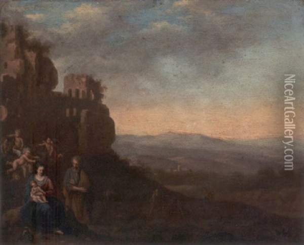 An Italianate Landscape With The Rest On The Flight Into Egypt Oil Painting - Cornelis Van Poelenburgh