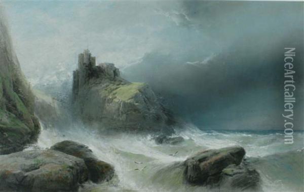 'fast Castle, Berwickshire' Oil Painting - Henry Bright