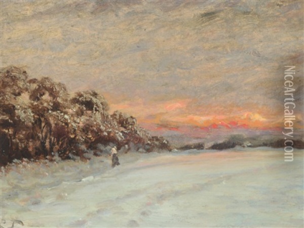 Winterscape At Sundown Oil Painting - Laurits Regner Tuxen