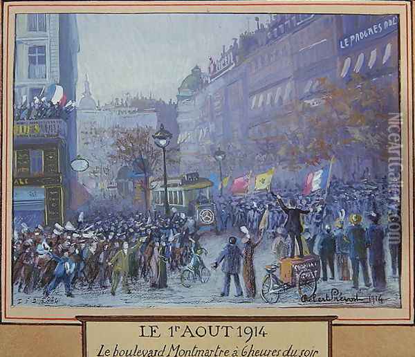 Joyful reception by Parisians of the news of the Declaration of War on the 1st August 1914 Oil Painting - Robert Prevost