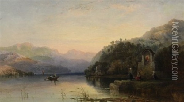 Italian Lake Scene At Evening With Figures Beside The Shrine Oil Painting - George Edward Herring