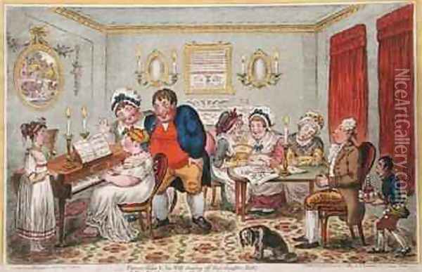 Farmer Giles and his Wife showing off their daughter Betty to their neighbours on her return from school Oil Painting - James Gillray