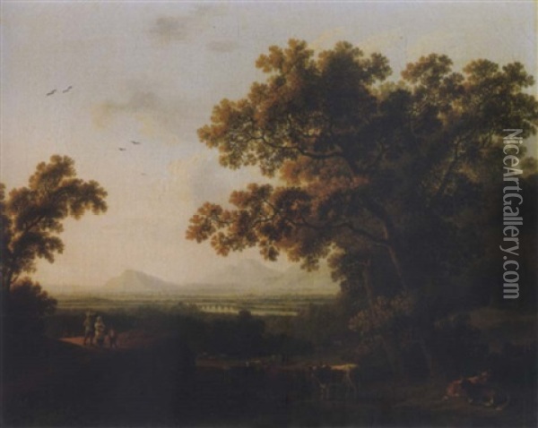 A Roman Landscape With Peasants And Bulls Resting By A Watering-hole Oil Painting - Jacob Philipp Hackert