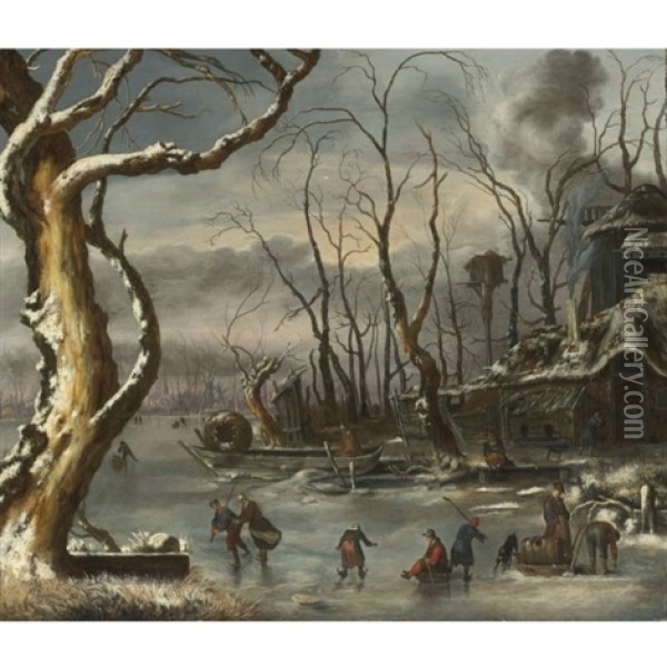 A Winter Landscape Oil Painting - Jan van Kessel the Younger