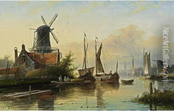 A Busy River Scene Oil Painting - Jan Jacob Coenraad Spohler