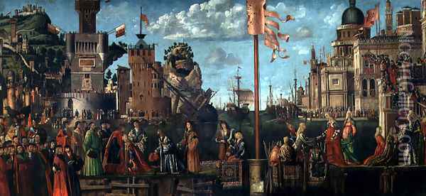 The Meeting of Etherius and Ursula and the Departure of the Pilgrims, from the St. Ursula Cycle, originally in the Scuola di Sant'Orsola, Venice, 1498 Oil Painting - Vittore Carpaccio