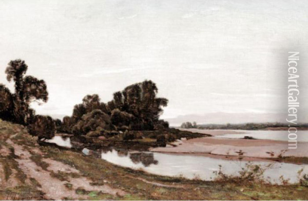 Fishing On The Bank Of The River Oil Painting - Henri-Joseph Harpignies