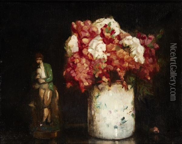 Still Life With Flowers And Figurine Oil Painting - William George Robb
