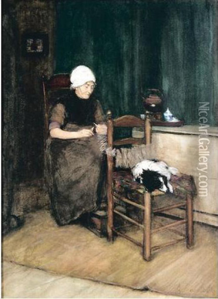Interior Scene With Woman Knitting Oil Painting - Arina Hugenholtz