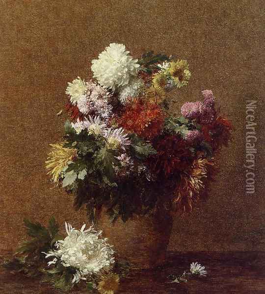 Large Bouquet of Chrysanthemums Oil Painting - Ignace Henri Jean Fantin-Latour
