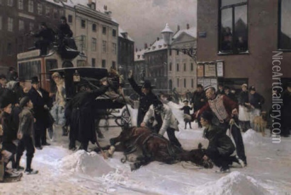 En Incident Vid Nytorvet, Kopenhamn Oil Painting - Erik Ludwig Henningsen