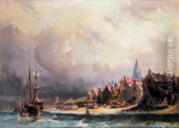 Port Normand Oil Painting - Louis-Gabriel-Eugene Isabey