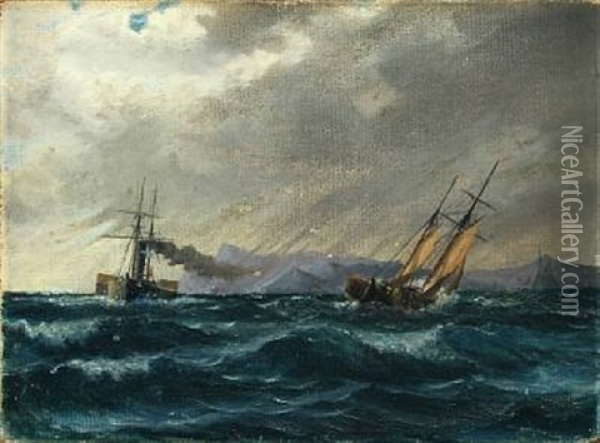 Vessels In Stormy Weather Along Rocky Coast Oil Painting - Holger Henrik Herholdt Drachmann