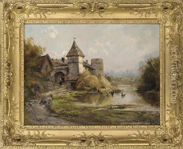 Ducks On A Lake By A French Chateau Oil Painting - Theodore Levigne
