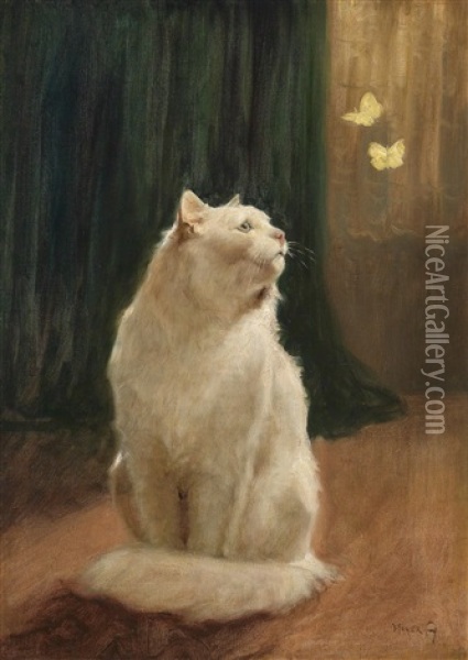 Weise Katze Und Zwei Zitronenfalter Oil Painting - Arthur Heyer