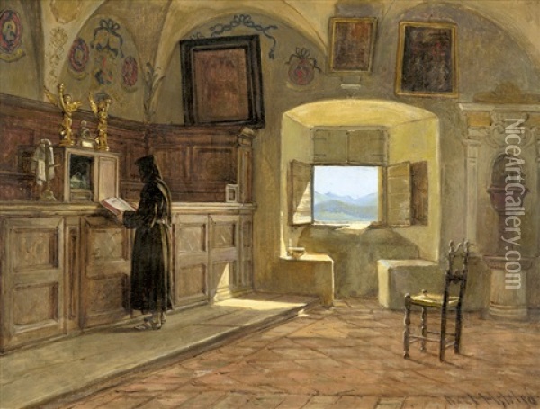 Interieur Eines Klosterzimmers Mit Lesendem Monch Oil Painting - Axel Theofilus Helsted