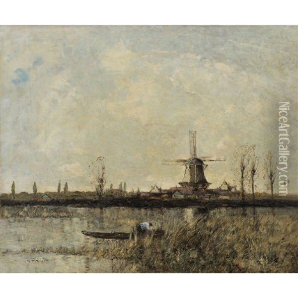 A Dutch River Landscape With A Figure In A Punt Oil Painting - William Alfred Gibson