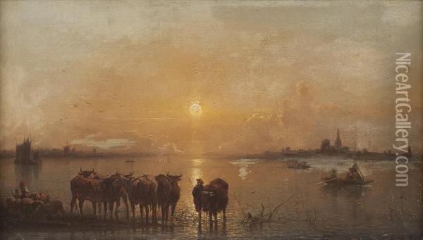 Vieh Am Flus Bei Sonnenuntergang Oil Painting - Karl Adloff