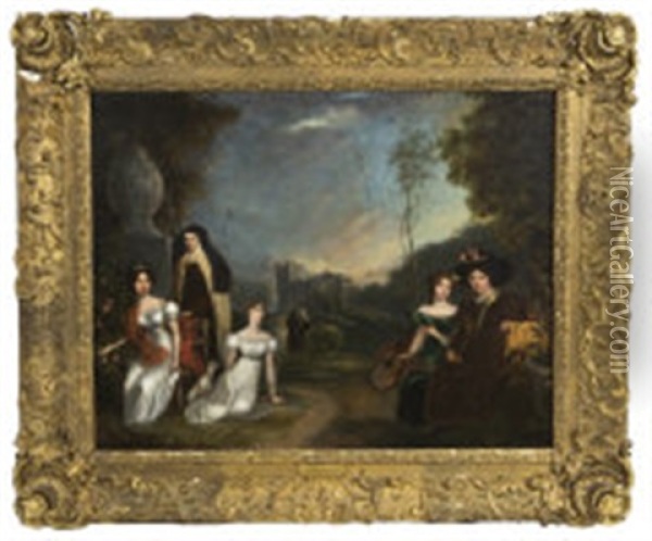 A Conversation Piece Of The Women Of A Pious Family, In A Wooded Landscape With Ecclesiastical Ruins In The Background Oil Painting - Joseph Patrick Haverty