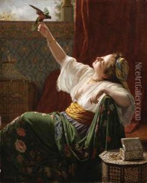 A Beauty Holding A Bird Oil Painting - Louis-Emile Pinel De Grandchamp