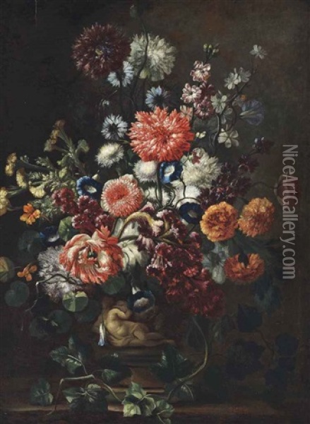 Poppies, Convolvulus, Foxgloves And Other Flowers In A Sculpted Urn On A Plinth Oil Painting - Karel van Vogelaer