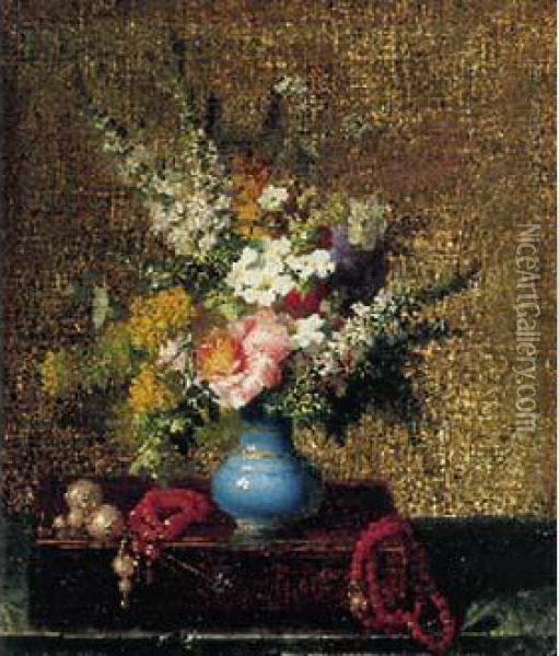 Vase De Fleurs Et Bijoux Sur Un Coffret Oil Painting - Andre Perrachon