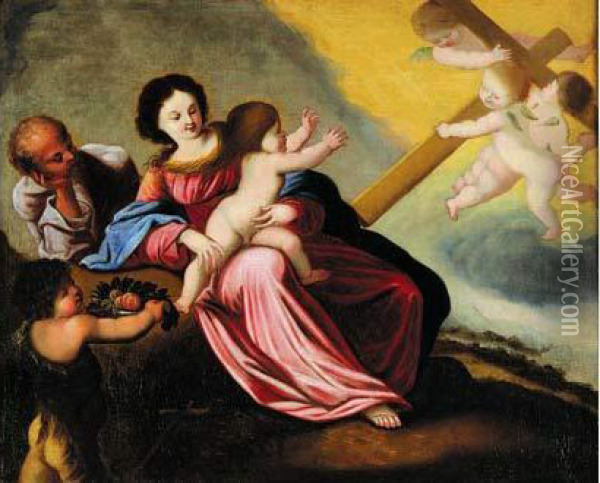La Sainte Famille Et Des Anges Oil Painting - Pierre Brebiette