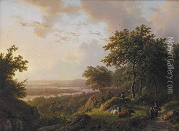 A Rhine Landscape In The Evening Oil Painting - Barend Cornelis Koekkoek