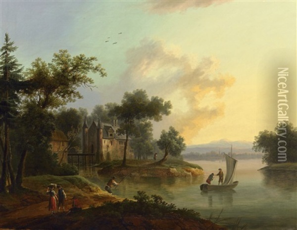 Wasserschloss Bei Breisach Am Rhein Im Goldenen Abendlicht Oil Painting - Friedrich Wilhelm Hirt