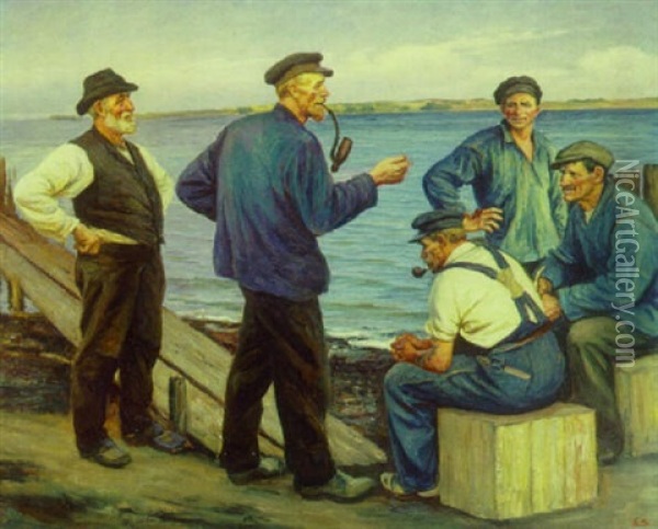 Fiskere I Samtale Ved En Badsbro Oil Painting - Emil Axel Krause