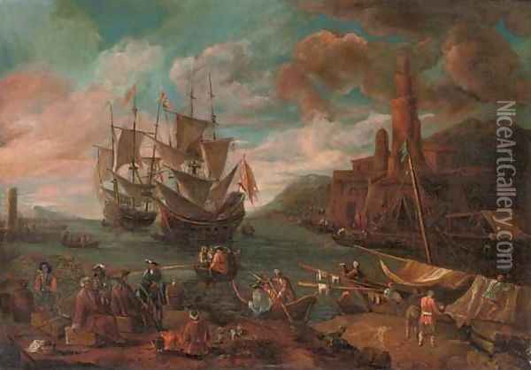 A Mediterranian coastal scene with figures disembarking from a ship and a town beyond Oil Painting - Adriaen Manglard