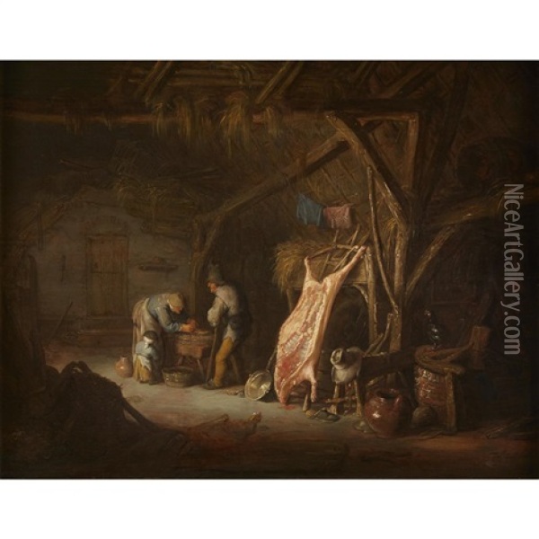 A Peasant Family Preparing Meat In A Barn Oil Painting - Isaac Van Ostade