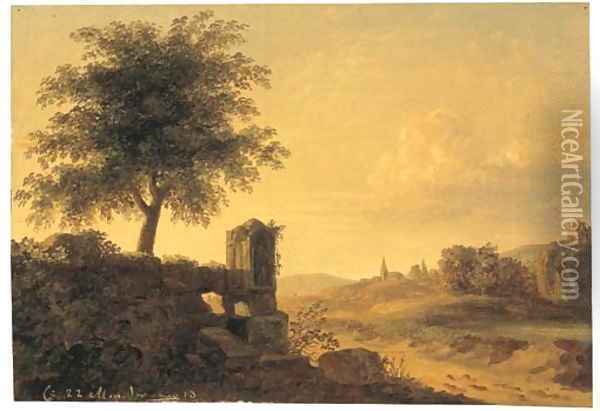 An extensive mountainous landscape at sunset, the ruins of a Roman tomb on a promontory in the foreground, a church beyond Oil Painting - French School